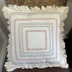 Modern Dreams Throw Pillow 16x16 Inch Cross Stitch Embroidered Geometric White